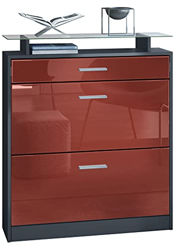 Vladon Schuhschrank Loret, Schuhkipper für 16 Paar Schuhe mit 2 Klappen, 1 Schublade und Glasablage, Anthrazit matt/Bordeaux Hochglanz, (89 x 104 x 23 cm).
