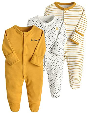 amropi Bebé Niñas Niños Mono Peleles Algodón Pijama Mameluco de Manga Larga Pack de 3 0-3 Meses,Amarillo Blanco Punto