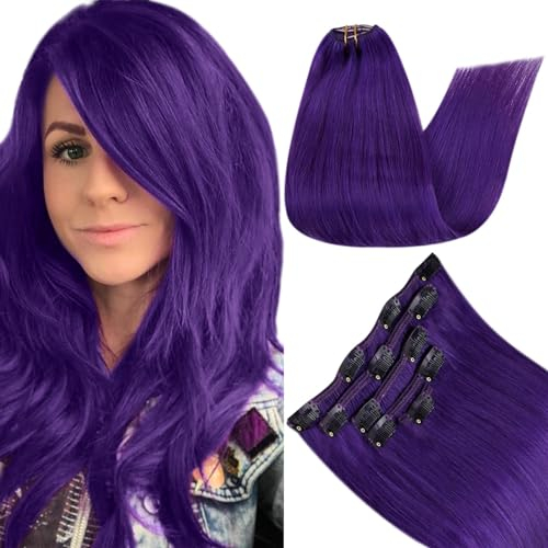 RUNATURE Remy Clip in Extensions Bunt 55cm Lila Haarverlängerung Echthaar Purple Glatt Lange 70g