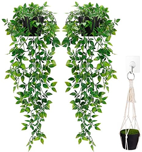 BRIDGERTON.UK 2 Pack fake plants artificial hanging plant artificial plants indoors in pots, outdoor | vines for bedroom, office decoration ivy leaves indoor wall flora shelf decor with rope & hook