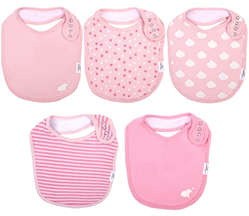 Budding Bear Babylätzchen aus 100% Bio-Baumwolle (5er-Pack) Lätzchen mit saugfähiger Frottee-Rückseite – Unisex-Babylätzchen mit 4 verstellbaren Druckknöpfen – 0 bis 36 Monate (Rosa)