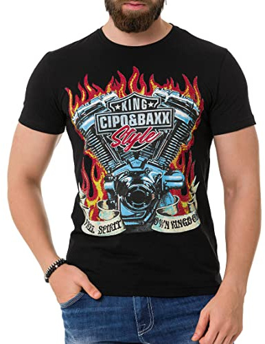 Cipo & Baxx Herren Strasssteine Print T-Shirt Kurzarm CT730 Schwarz XXL
