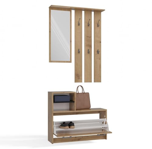 CDF Ensemble Meubles Entrée Complet Vestiaire Miroir Porte-Manteaux Mural 6 Crochets Armoire à Chaussures 9 Paires Rangement Couloir Moderne Compact Gain Place Placard Chêne Artisan 85 x 24 x 180 cm
