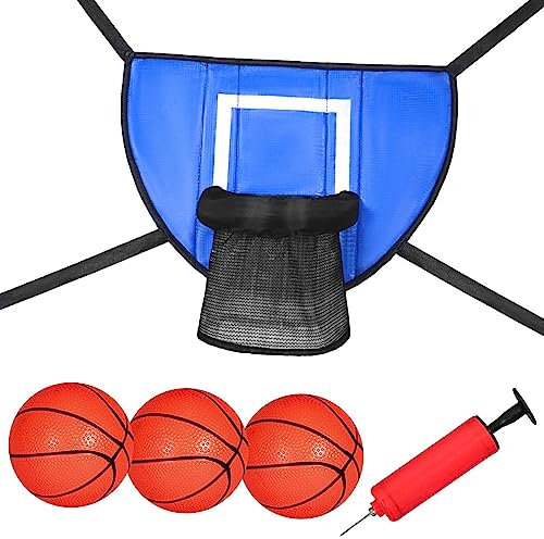 F Fityle Basketballkorb für Trampoline, Kinder Trampolin Basketballkorb mit Aufblasbarem Ball Und Pumpe, Indoor Hängender Basketballkorb Wasserdicht mit Gehäuse Outdoor-Sportarten, Blau mit 3 Bälle