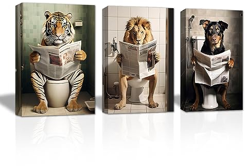 LZIMU Badezimmer Wanddekoration 3 teiliger Tiger Löwe Hund der auf der Toilette sitzt und Zeitung liest Leinwand Kunstdrucke lustige Tiere Wandbilder (C, 30.00 x 40.00cms x 3Pezzi)