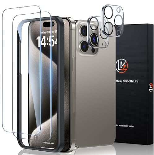LK 2+2 Pezzi Vetro Temperato per iPhone 15 Pro, 2 Pezzi Pellicola Protettiva e Protezione Fotocamera, Durezza 9H, Anti Graffio, HD Schermo Pellicola, con Strumenti di Installazione