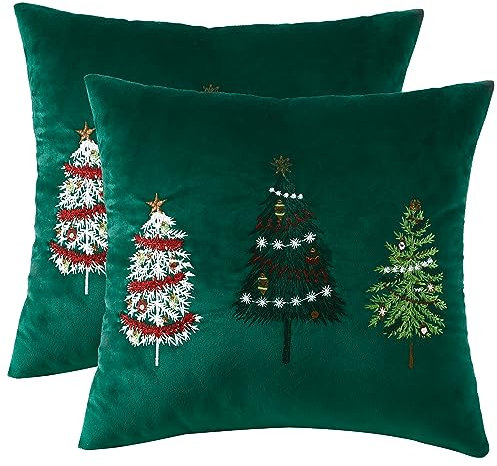 Tosleo 2Pcs Weihnachten Kissenbezüge Dekokissen aus Samt Winter Grün Weihnachtsbaum 45x45cm Kissenhüllen Merry Christmas für Deko Weihnachten Sofa Schlafzimmer Couch