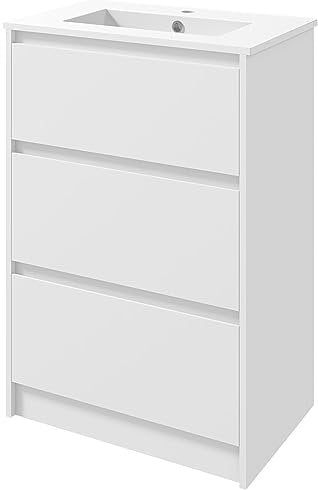 kleankin Mobile Bagno con 2 Cassetti e Lavabo in Ceramica Sintetica e Legno Truciolato, 61x37x88 cm, Bianco Lucido