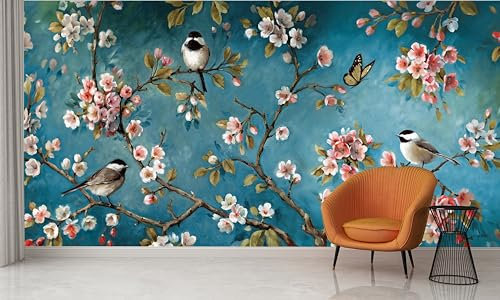 Audace Liberté Papier peint panoramique, 355 x 250cm，matériau en soie pour mur de fond de fleurs et d'oiseaux 3D, Peut sur mesure taille, adapté à la décoration murale du salon et de la chambre