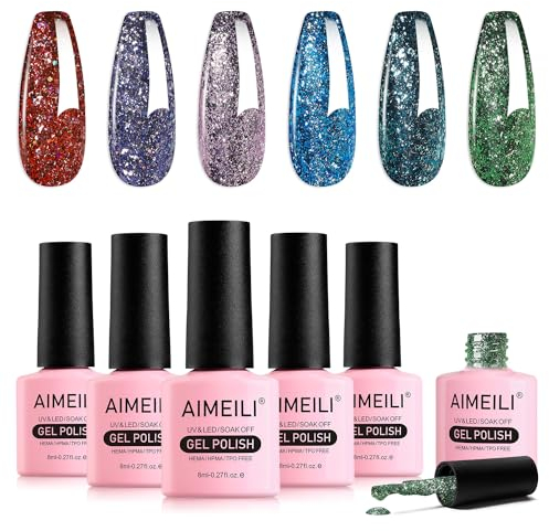 AIMEILI HEMA Free UV Lack Glitzer Nagellack Set 8ml 6 Farben Glitter UV Nagellack Set Luminous Sparkle Farbgel Gellack Soak Off Gel Nail Polish Gift Kit 57