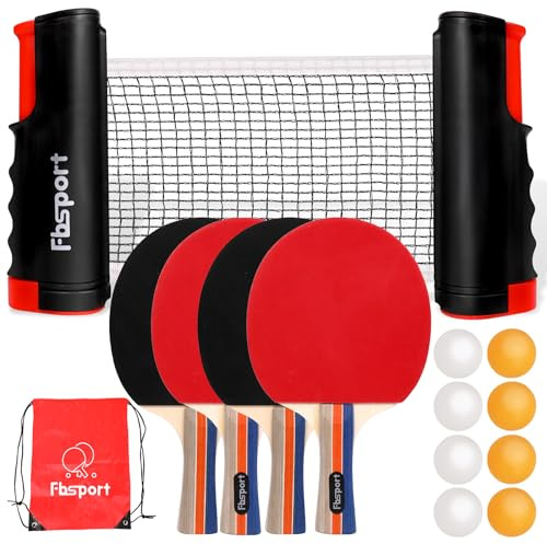 Table Tennis Set with 4 Ping Pong Paddles, Retractable Net, 8 Ping Pong Balls and a Carry Case, Portable Ping Pong Set for Indoor Outdoor Games for Any Table, Gift