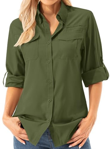 Asfixiado Damen Hemdbluse UV Shirt UPF 50+ Safari Kleidung Wanderbluse Damen Outdoor Cooling Quick Dry Sonnenschutz Langarm Luftiges Hemd(5072 Army Green L)