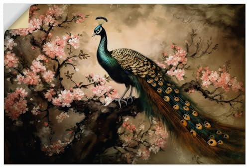 ARTland Wanddeko Wandtattoo selbstklebende Vinylfolie 60x40 cm Asiatische Deko Pfau Baum Blumen Kirschblüten Vintage U4WA