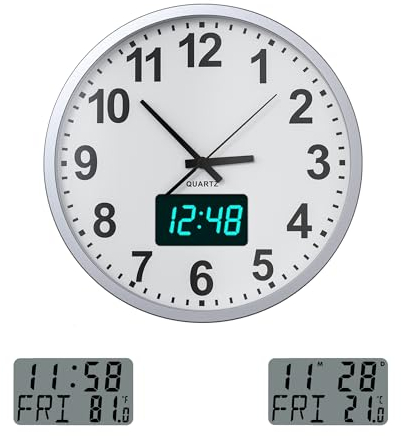 KWANWA Moderne Wanduhr ohne Tickgeräusche • Digitale LCD/LED-Anzeige • Kalender & Temperatur • Batteriebetrieb • 30,5cm • 12h Format,Perfekt für Küche, Schlafzimmer & Büro