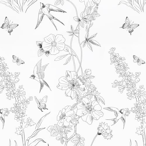 Amiya Vintage Floral Birds Wallpaper Peel and Stick Black and White Removable Contact Paper Bedroom 17.3” X 120” Vinyl Self Adhesive Sketch Wall Paper