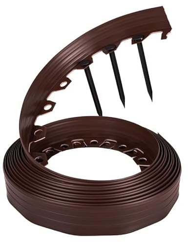 10m x 60mm high lengths of flexible edging for lawns,grass drives,paths and flower borders, in FOREST BROWN,ideal for curves,bends and circles. Pegs included (2 packs = 20m)