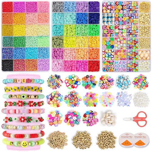 YLXQJIN 48 Farben Perlen Set für Armbänder Selber Machen, 3mm Glasperlen zum Auffädeln, 6mm Polymer Clay Perlen, Schmuck Selber Machen Set mit 300 A - Z Buchstabenperlen, Perlen zum Auffädeln