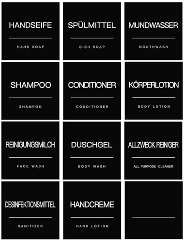 KSIWRE 12 Stück Schwarz Wasserfeste Seifenspender Etiketten für Flaschen, Abnehmbare Bad Organisation Etiketten, Shampoo und Conditioner Aufkleber