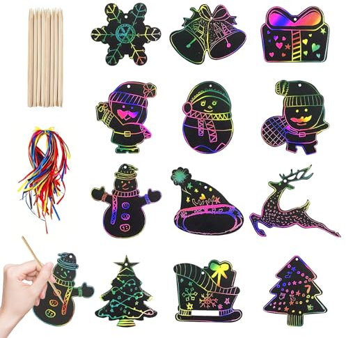 TECHEEL Weihnachten Kratzbilder Bastelset Weihnachten Kinder Kratzbilder Weihnachten Kratzbilder für Kinder Weihnachten Kratzbilder Erwachsene für Basteln Weihnachtsbaumschmuck Deko