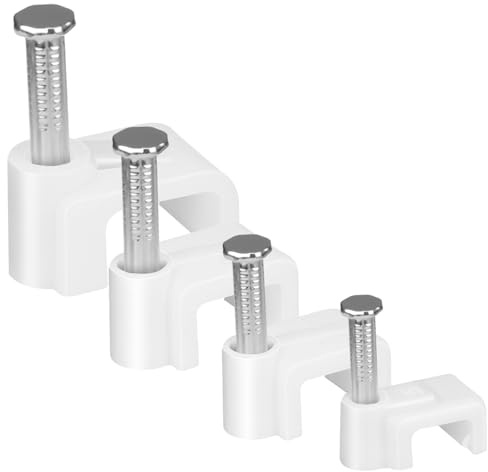 LeMotech 200pcs Cable Clips 5/7/8/10mm Flat Cable Nail Clips Cable Tacks Coaxial Nail Clamps for Cable Cord Management RG6 RG59 CAT5 CAT6 RJ45 Electrical Ethernet Coaxial Clamps, White