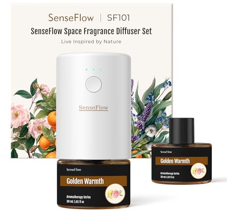 SenseFlow Aroma Diffuser für Ätherische Öle SF101, Wasserloser Ultraschall Duftstecker Raumduft, 100% pflanzlich Lufterfrischer, 120-Tage Aroma für Zuhause, Hotel - bis zu 100 m² - Goldene Wärme