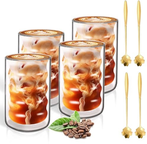LISDATKE Tazzine Caffe Vetro Doppia Parete 4 X 400ml Bicchierini Caffè Vetro Trasparente con 4 Cucchiaino Bicchieri da Vetri Termici Tazza Termica Latte Macchiato