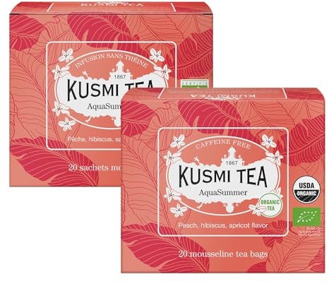 Kusmi Tea - AquaSummer - Lot de 2 boîtes - Infusion Bio - Mélange d'Hibiscus et de Fruit Saveur Pêche et Abricot - À Déguster Chaud ou en Thé Glacé - Infusion sans Théine - 2x20 Sachets de Thé