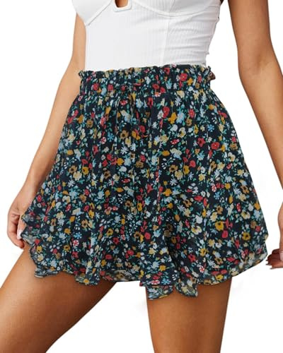 Oyamiki Bohemian Skirt Shorts for Women UK Breathable Spring Skirts Ruffle Black Red Floral Pleated Skort Light and Airy Beach Holiday Clothes S