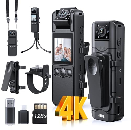 Z11 4K Body Camera con registrazione audio e video, 128 GB Small Body Cam con obiettivo rotante a 180°, batteria 6HR e visione notturna, fotocamera indossabile per animali domestici, casa, ufficio