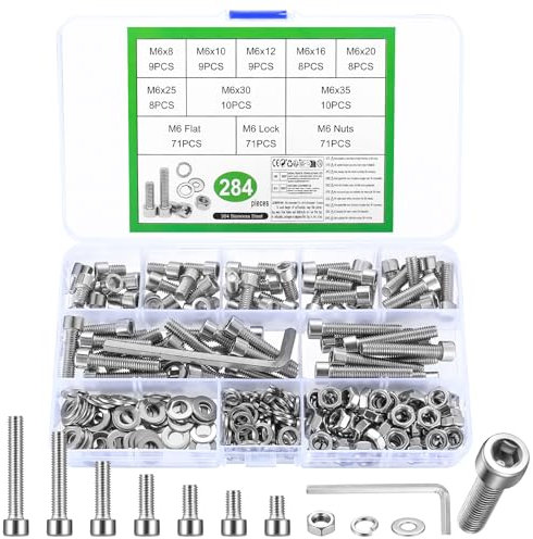 284 PZ Set di Viti M6, Viti Bulloni e Dadi Set, Bulloni Viti a Testa Esagonale e Dadi e Rondelle Kit, Bulloni Viti a Testa a Esagonale Bussola in Acciaio Inox Assortimento Kit con Dadi e Rondelle