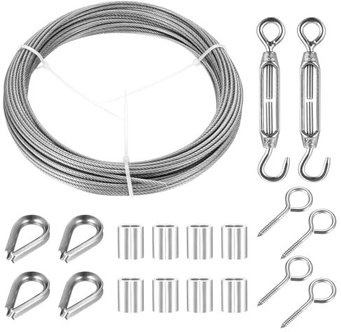 Kit de Cable Acier 2mm x 15m, Câble en Acier Inoxydable, Fil pour Tableau Câble Métallique avec Tendeur de Fil à Tendeur, pour Suspension de Lumière Tableaux Clôture de Jardin