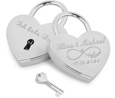 Gravur-Max Liebesschloss mit Gravur in Silber – personalisiertes Schloss mit Namen & Datum | hochwertiges Herzschloss aus Metall | Partner Geschenk für Hochzeit, Jahrestag & Valentinstag