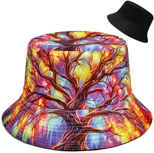 Malaxlx Damen Fischerhut Bucket Hat Sonnenhut Fischerhüte Anglerhut Sommerhut Faltbarer Strandhut Draussenhut Bunter Baum