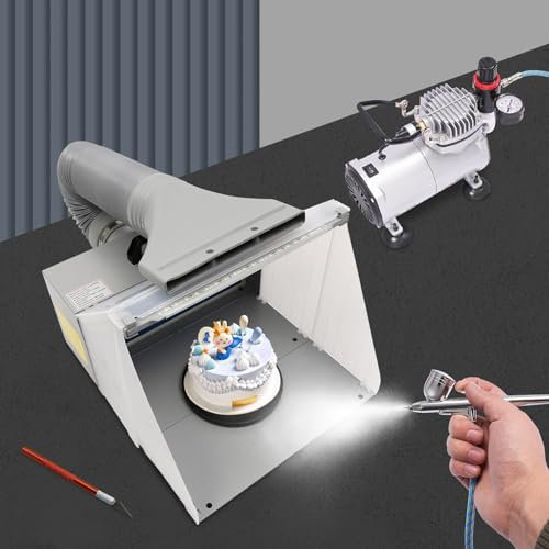 Airbrushing Kit - Portable Compressor with Spray Paint Booth & LED Light, 1/6HP Compressor and Spray Guns for Model Painting and Cake Decoration