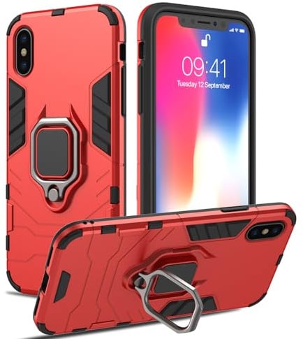 RIIMUHIR Hülle für iPhone X, Panzerhülle mit 360° Metall Ring Ständer, Kratzfestes Stoßfest Hart Handyhülle, Armor Hülle mit Kameraschutz (Rot)
