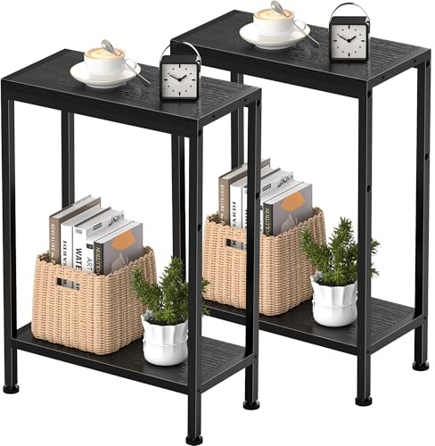 Schmaler Beistelltisch, Nachttisch, 2er Set, 2 Ablagen Nachttisch Schmal mit Stauraum, sofa beistelltisch für schmale Räume, für Wohnzimmer, Schlafzimmer, Küche &Balkon, Arbeitszimmer (Schwarz)