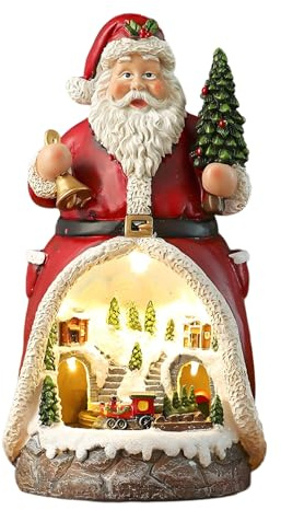 Weihnachtsdorf, Weihnachtsdeko mit LED Farblichter Rotierende Zug-Design und Ansprechende Musik Weihnachtshaus Spieluhr aus Harz Kleine Weihnachtsstadtdekoration mit Beleuchtung (1, Weihnachtsmann)