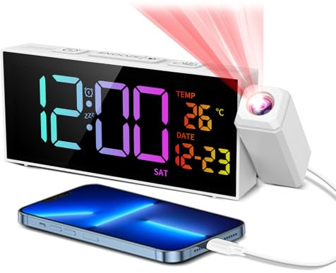 Digitaler Wecker mit Projektion, Projektionswecker mit 350° Projektor, Thermometer, Datum, RGB Anzeige, 10 Klingeltönen, Snooze, 4 Helligkeit, 4 Lautstärke, Manuell DST, Lauter Wecker Schlafzimmer