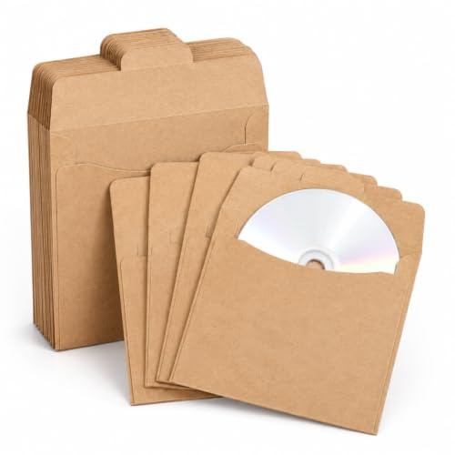 Zerodeko 100 Stück CD/DVD Hüllen, CD Hüllen Papier, Kraftpapier CD/DVD Papier-Schutzhüllen, Braun Retro Stil CD Umweltfreundliche Aufbewahrungslösung