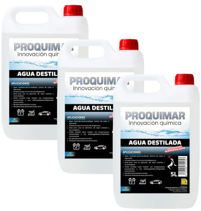 Proquimar Agua Destilada Desionizada – Pura y Libre de Impurezas – Ideal para Planchas, Baterías, Humidificadores y Laboratorios (15 litros)