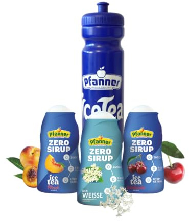 Pfanner Zero Sirup Probierpaket 3 × 57 ml + Pfanner Sportflasche GRATIS (1× Ice Tea Pfirsich, 1× Ice Tea Wildkirsche, 1× Der Weisse)