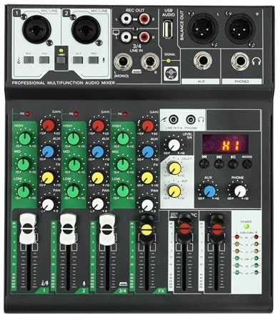 DJ Mischpult Audio Mixer,4 Kanal DJ Mischpult,mit Bluetooth und 4 Soundeffekte,mit USB-Laufwerk,Überwachung Funktion,für KTV,Bühnenauftritte,Campus-Aktivitäten