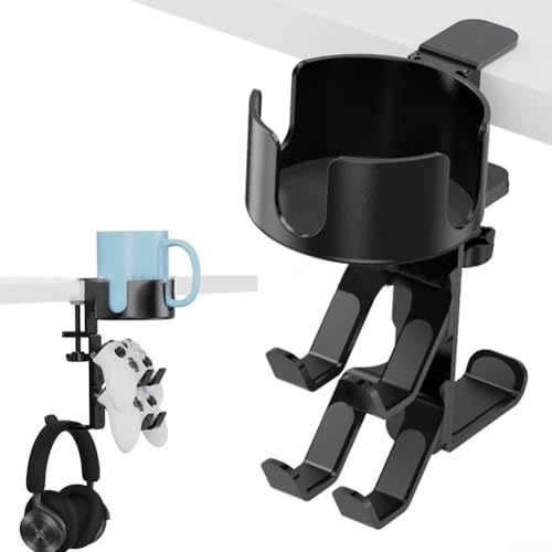 HEBEOT 3 in 1 Clip On Rotatable Headphone Hanger and Water Cup Holder with ABS and Metal Construction Space Saving Desk Organizer for Home Office and Gaming Setup