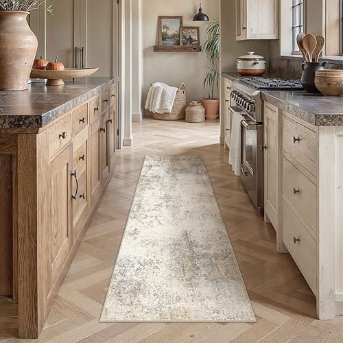 PureCozy Teppich Läufer Flur 60x240cm Waschbarer Teppich,Beige&Braun | Rutschfest, Weicher Kurzflor, Modern Indoor, Küche, Eingangsbereich, Schlafzimmer, Esszimmer, Flur