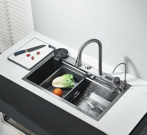 ZAMERY Fregadero de Cocina Negro Acero Inoxidable Fregadero de Cocina con Grifo Extensible Set de Grifo para Lavadora Tazas Tabla de Cortar Agua Pura Visualización de la Temperatura