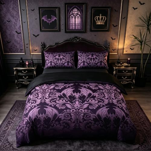 Homemissing Gothic Bettwäsche Set 135x200cm Lila Europäischer Stil Damaskus Bettbezug Set Fledermaus Bohemia Bettwäsche Gotische Jahrgang viktorianisch Barock Blumen Bettwäscheset