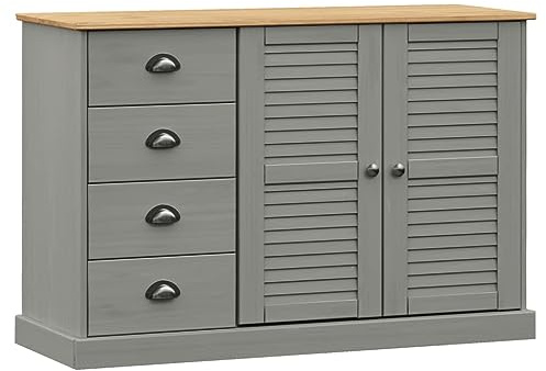 Yamxder Credenza VIGO 113 x 40 x 75 cm, credenza in legno massello di pino grigio con cassetti e ante persiane, robusto armadio in legno massiccio per soggiorno, corridoio e cucina