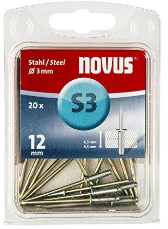 Novus Stahl-Blindnieten mit 12 mm Länge, 20 Nieten, Ø 3 mm, 6.5-8.5 mm Klemmlänge, zur Befestigung von Stahlblechen