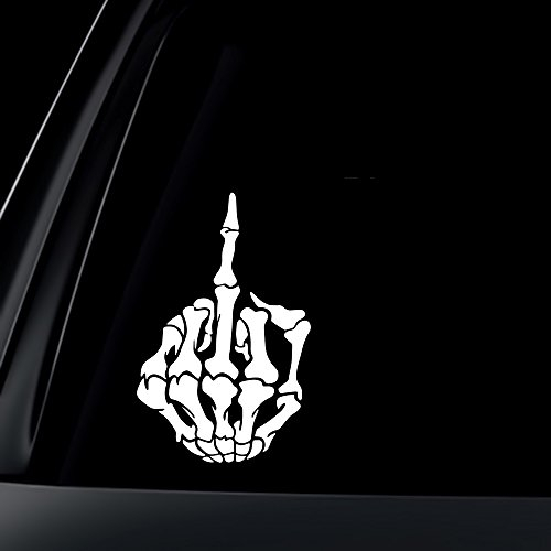 Auto-Aufkleber, Motiv: Totenkopf, Knochen, Mittelfinger, Weiß