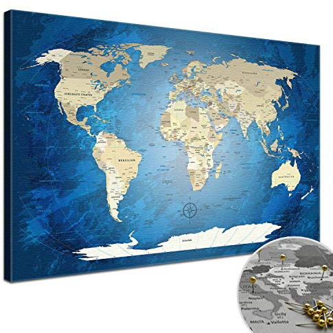 LANA KK Stilvolle Pinnwand Weltkarte - Blue Ocean - Deutsch in 120 x 80 cm, stabile Rückwand zum Pinnen inkl. Starterkit - Leinwand-Kunstdruck Wandbild Landkarte XXL